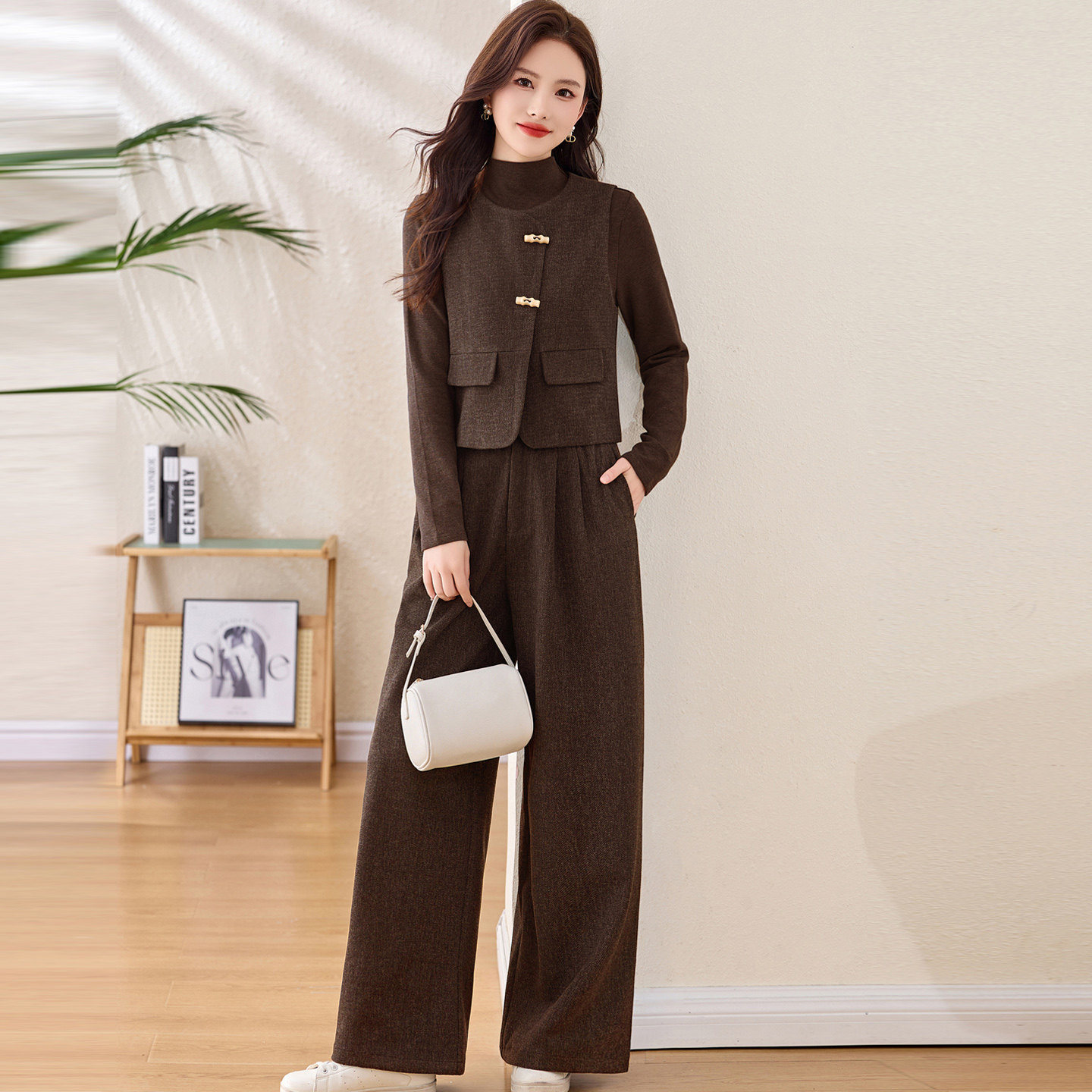 春季爆款毛呢马甲阔腿裤套装女春装新款高级感气质小香风三件套,女装/女士精品,时尚套装,淘宝优惠券,粉丝福利购,淘宝优惠卷