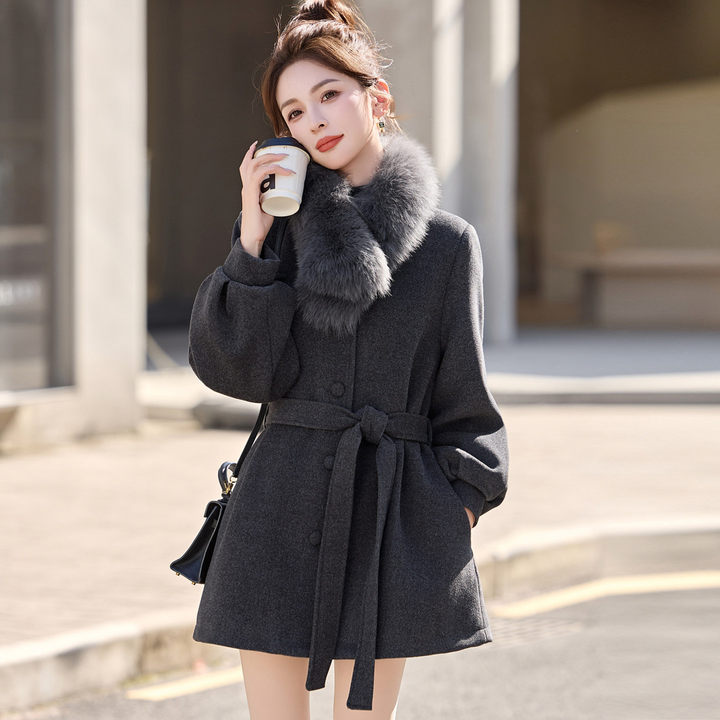 大码可拆卸狐狸毛领羽绒服女外套胖MM中长款收腰显瘦保暖毛呢大衣