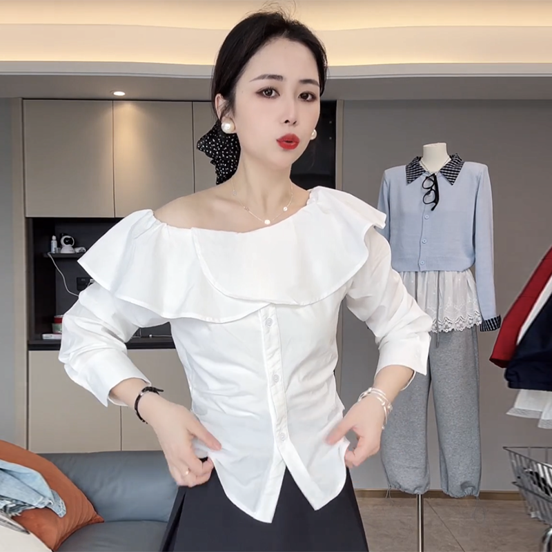 一字肩白色衬衫女收腰显瘦衬衣