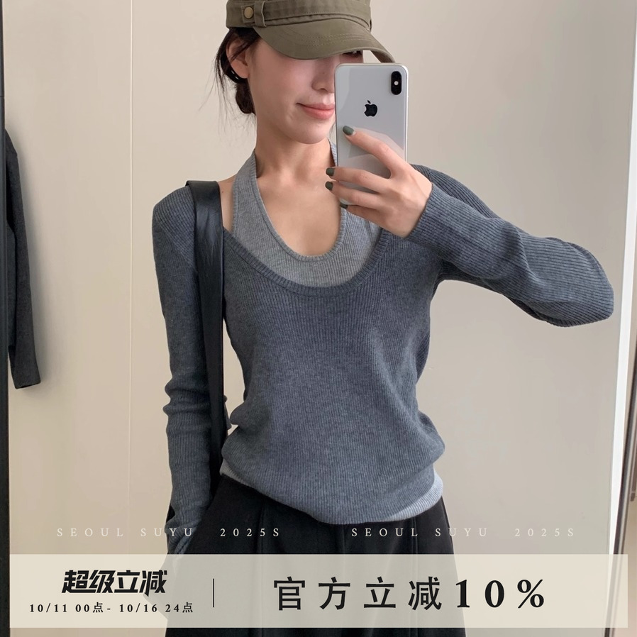 韩版设计感假两件套头上衣女2025秋季新款简约时尚宽松百搭针织衫