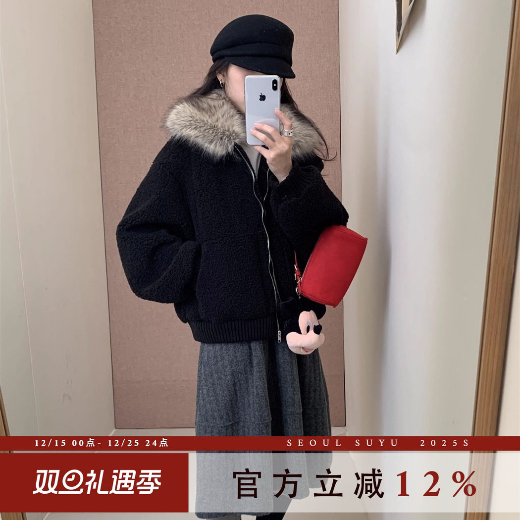 韩系休闲风毛毛领拉链外套上衣女