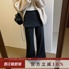 韩版设计感假两件休闲长裤女2025冬季新款可拆卸屁帘加绒微喇卫裤