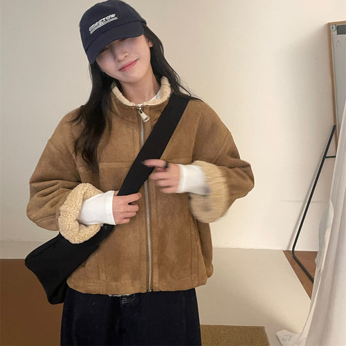 韩版复古百搭皮毛一体毛绒外套女