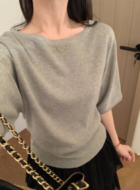 韩系休闲风蝙蝠袖针织短袖T恤女2026春新款简约纯色圆领套头上衣