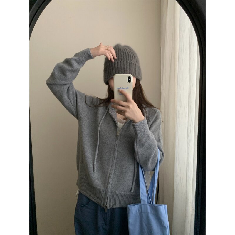韩系连帽双拉链软糯长袖针织开衫毛衣外套女时尚气质帽衫休闲上衣