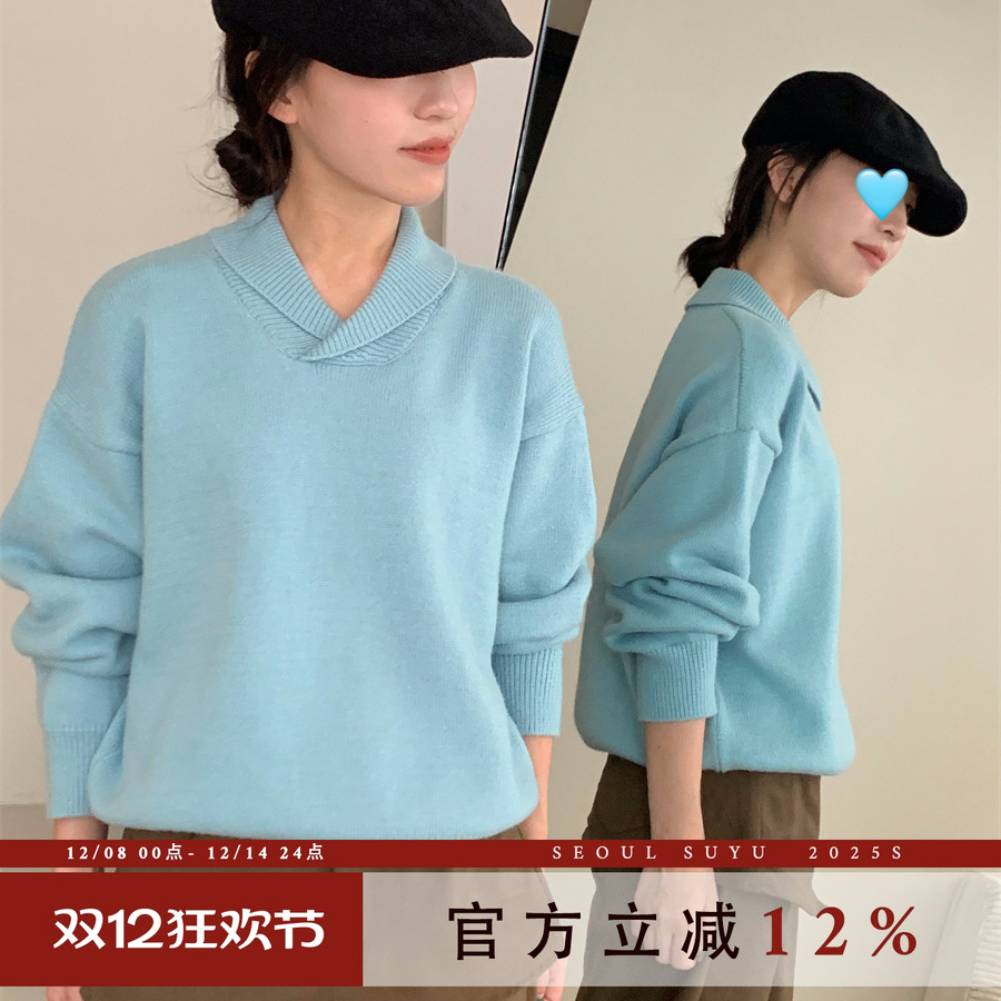 韩版时尚简约青果领套头针织衫女