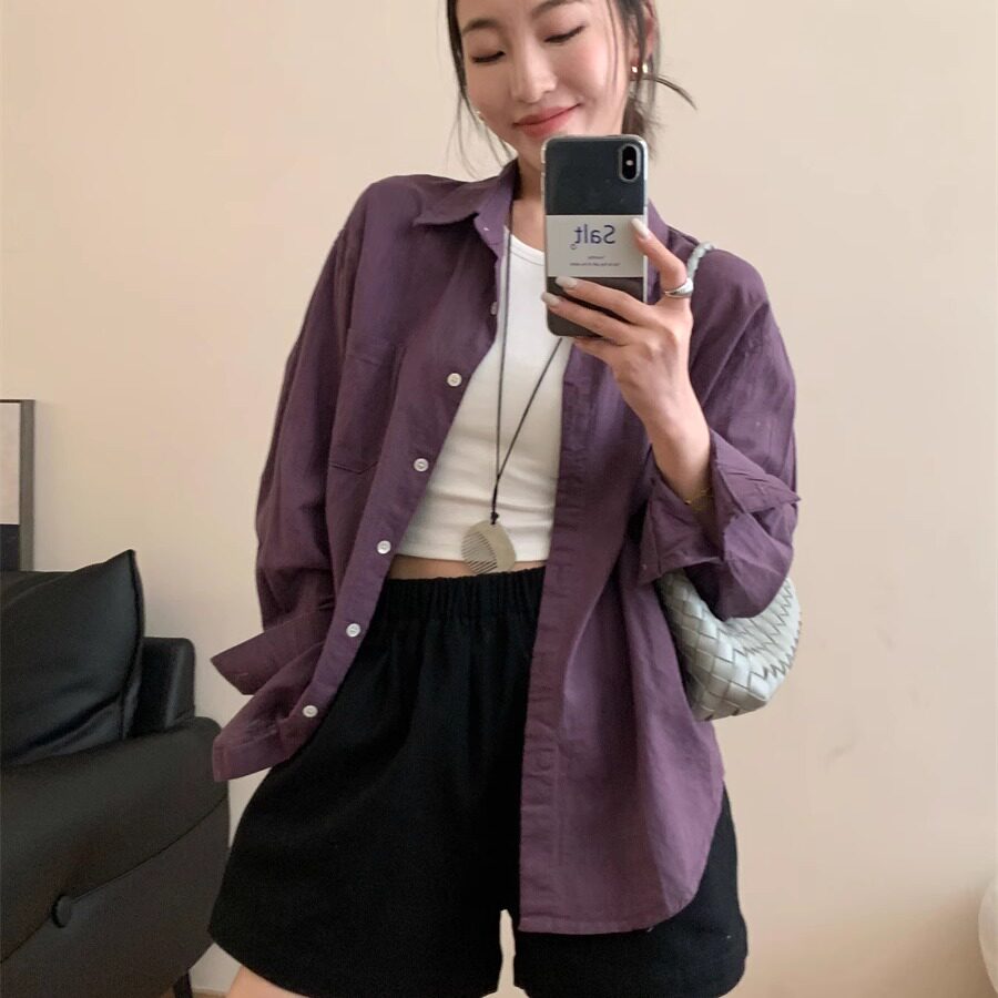 韩版气质简约纯棉防晒长袖衬衫女2025秋季新款宽松减龄百搭上衣