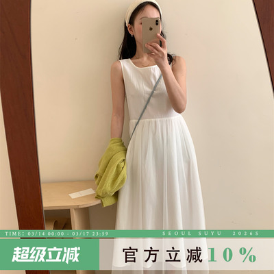 韩版气质百搭圆领无袖连衣裙女春