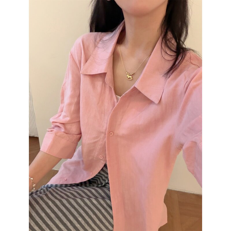 韩系绝美减龄七分袖棉麻衬衫26夏季新款松弛感小众设计防晒衬衣