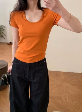 韩系休闲风简约U领短袖T恤女2026新款修身显瘦纯色百搭通勤上衣潮