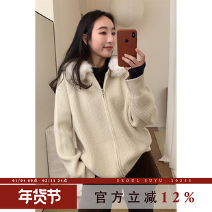 慵懒风可拆卸毛领连帽开衫毛衣女2025冬新款休闲减龄软糯上衣外套