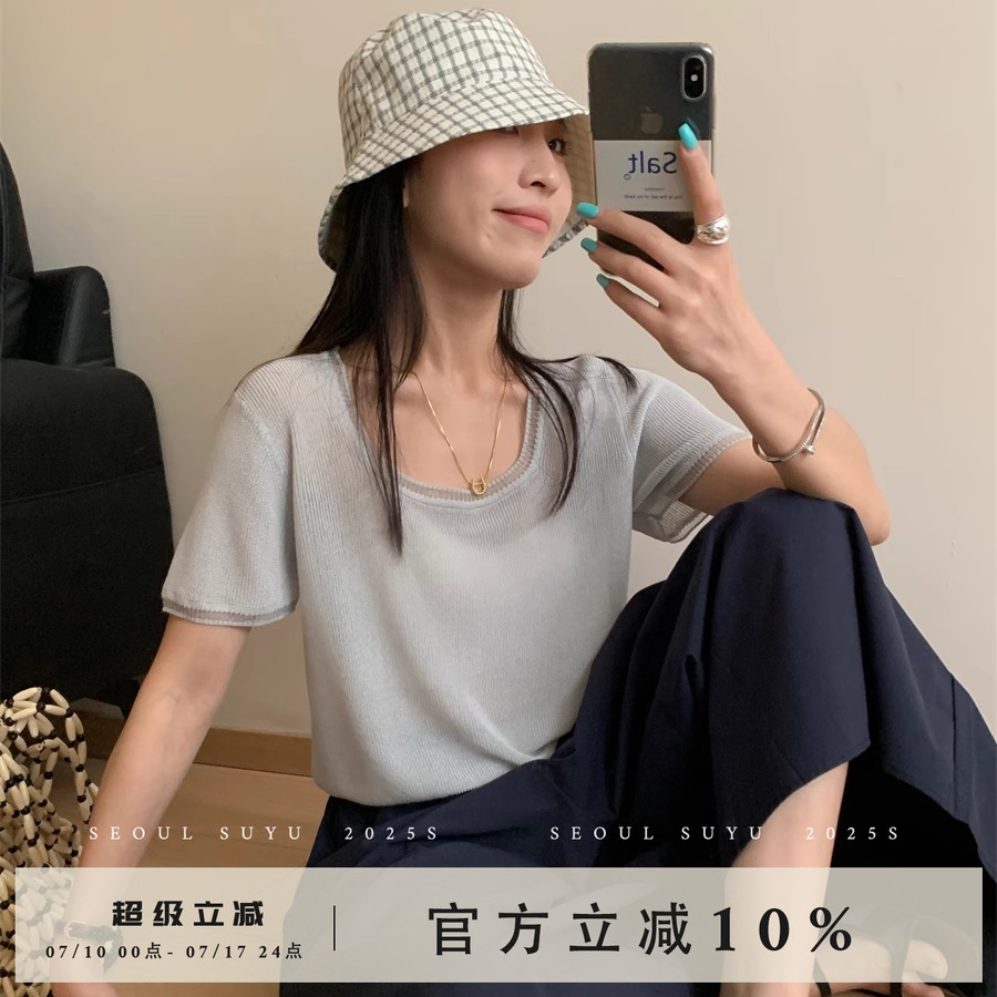 方领设计感亚麻针织短袖T恤女