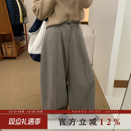 休闲风加绒加厚直筒气球裤女2025秋冬新款后松紧百搭显瘦阔腿长裤
