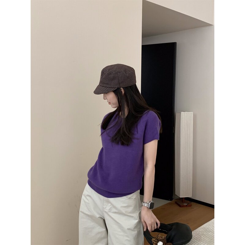 气质修身显瘦卷边领针织短袖女图片