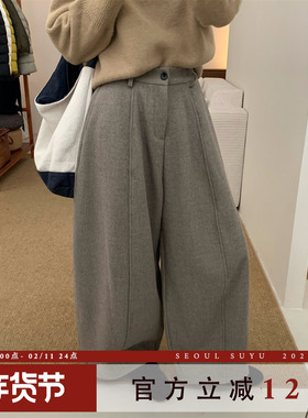 休闲风加绒加厚直筒气球裤女2025秋冬新款后松紧百搭显瘦阔腿长裤
