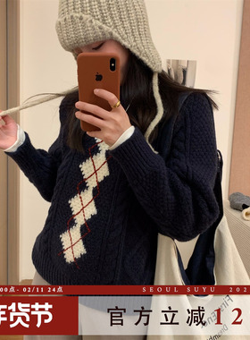 韩系慵懒风加厚圆领麻花毛衣女2025冬季新款设计感休闲百搭上衣