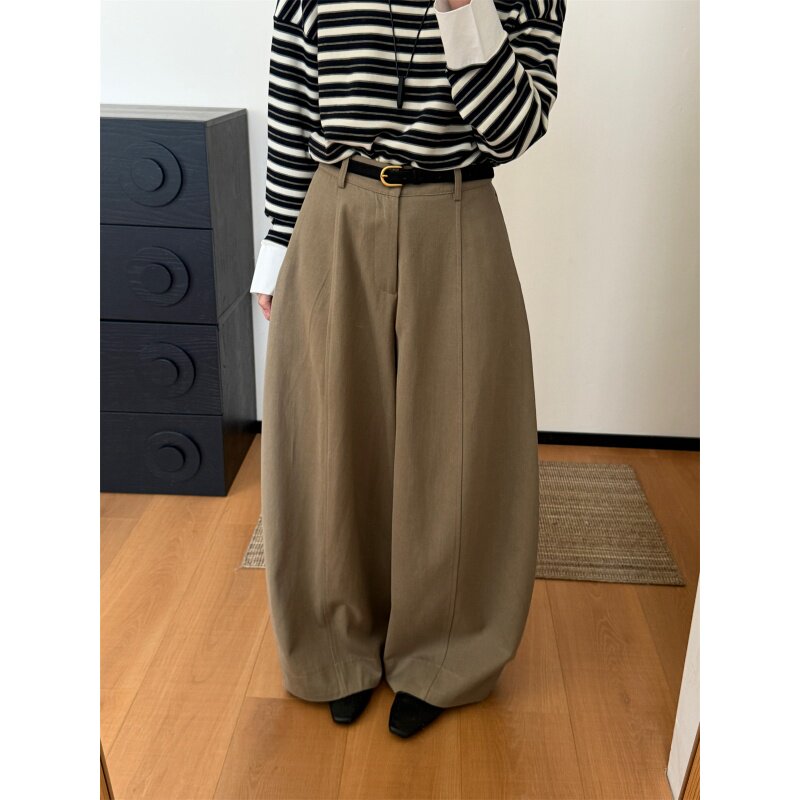 韩系高智风高腰皮带阔腿裤女2026秋季新款百搭宽松遮胯显瘦休闲裤