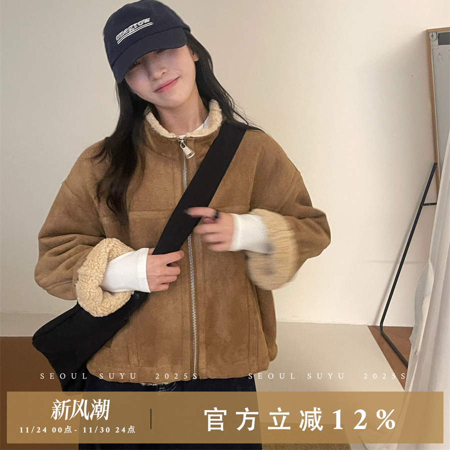 韩版复古百搭皮毛一体毛绒外套女