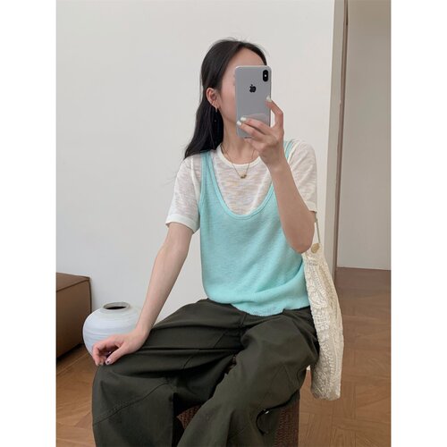 韩版设计感假两件针织短袖女2026