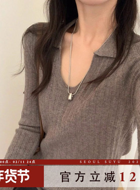 韩系休闲风翻领设计感针织衫女2025秋季新款百搭内搭打底套头上衣