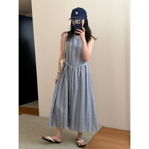 韩版无袖背心格子连衣裙子女