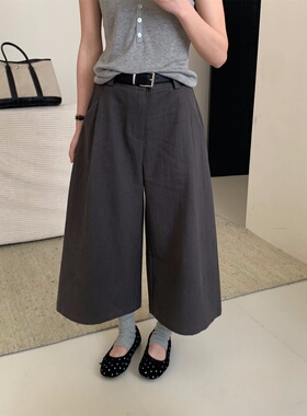 韩系休闲风高腰直筒腰带八分裤女2026春新款宽松显瘦百搭阔腿长裤