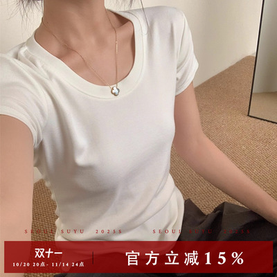 羊绒U领弹力短袖T恤纯色百搭上衣