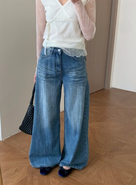 韩系复古蓝色直筒高腰牛仔裤女2026春季新款垂感显瘦百搭拖地长裤