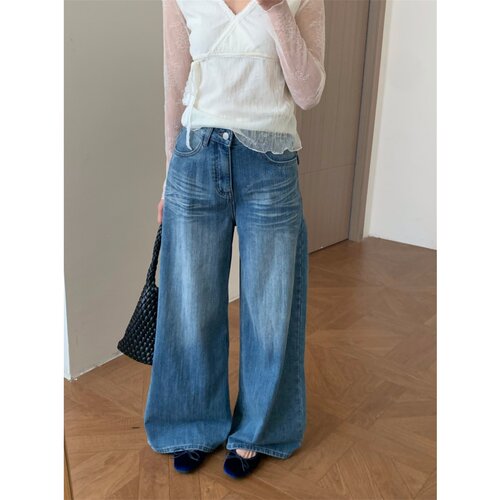 韩系复古蓝色直筒高腰牛仔裤女春