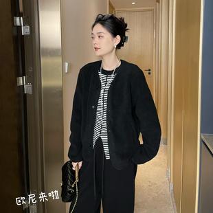 欧尼家秋季新款针织衫女宽松圆领休闲潮流长袖外套黑色毛衣开衫