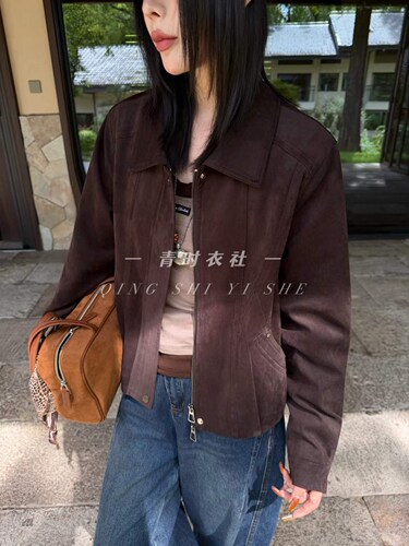 韩版时尚翻领鹿皮绒外套女秋季新款百搭显瘦休闲小个子上衣77103