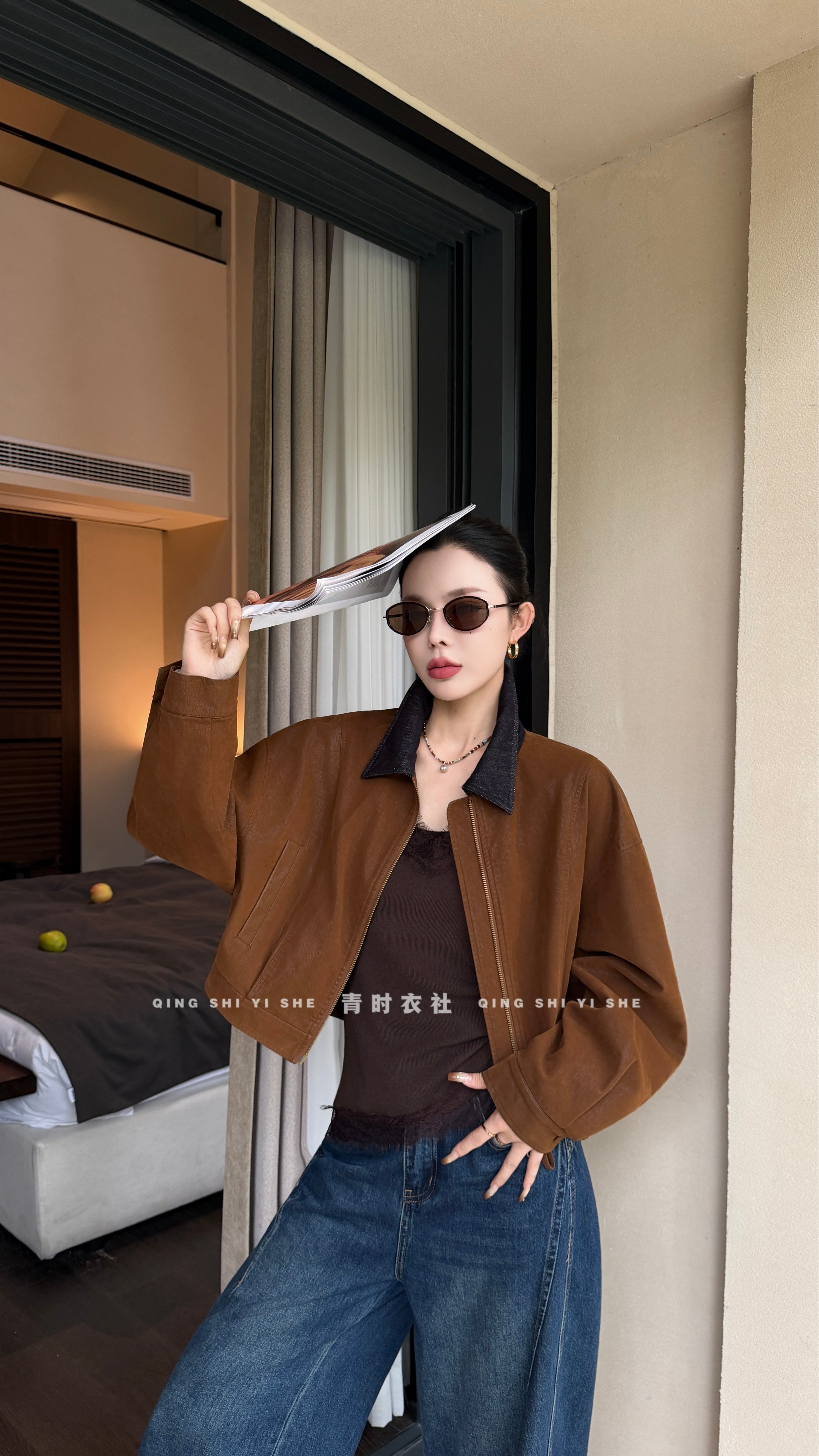 KK复古撞色牛仔翻领植绒皮衣女秋