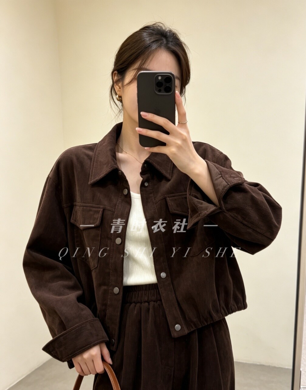 66211 韩版翻领单排扣灯芯绒衬衫外套女秋季新款小个子夹克上衣