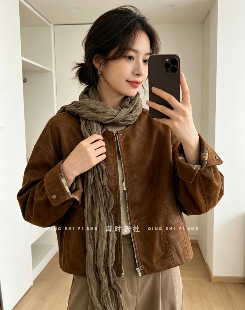 26777 配丝巾复古植绒皮衣外套女秋季新款百搭圆领pu皮夹克上衣潮