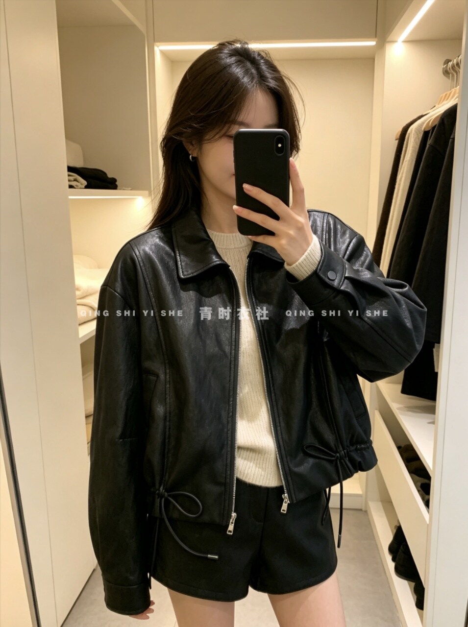 26066 韩版复古抽绳翻领短款柔软皮衣外套女秋季新款松弛减龄上衣