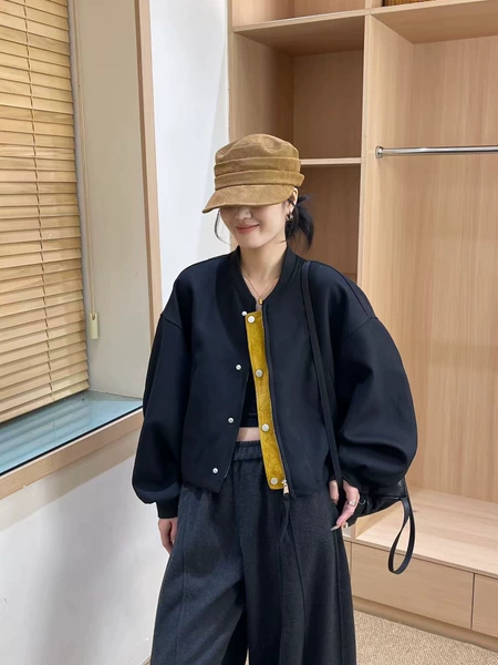 韩版休闲宽松显瘦拼色设计感棒球服女秋季新款百搭小个子短外套潮