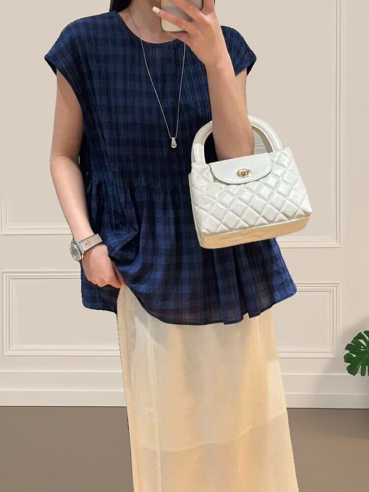 1705蓝色格子无袖上衣女夏季新款宽松甜美背心巨好看洋气娃娃衫潮