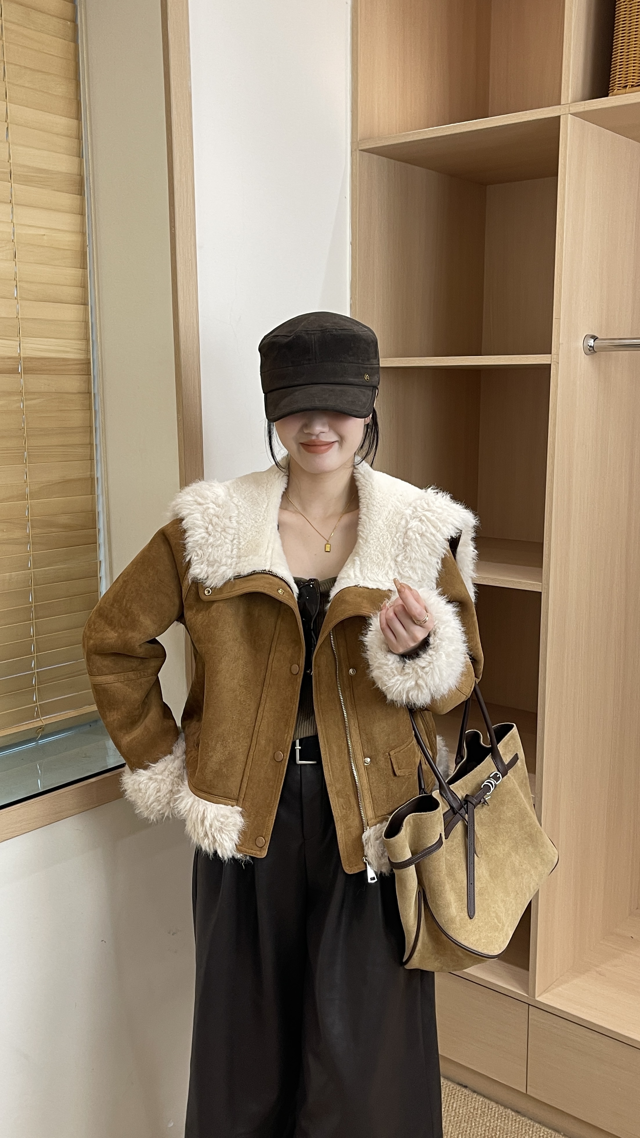 韩版气质百搭显瘦皮毛一体上衣冬季休闲加厚保暖毛毛外套女27652