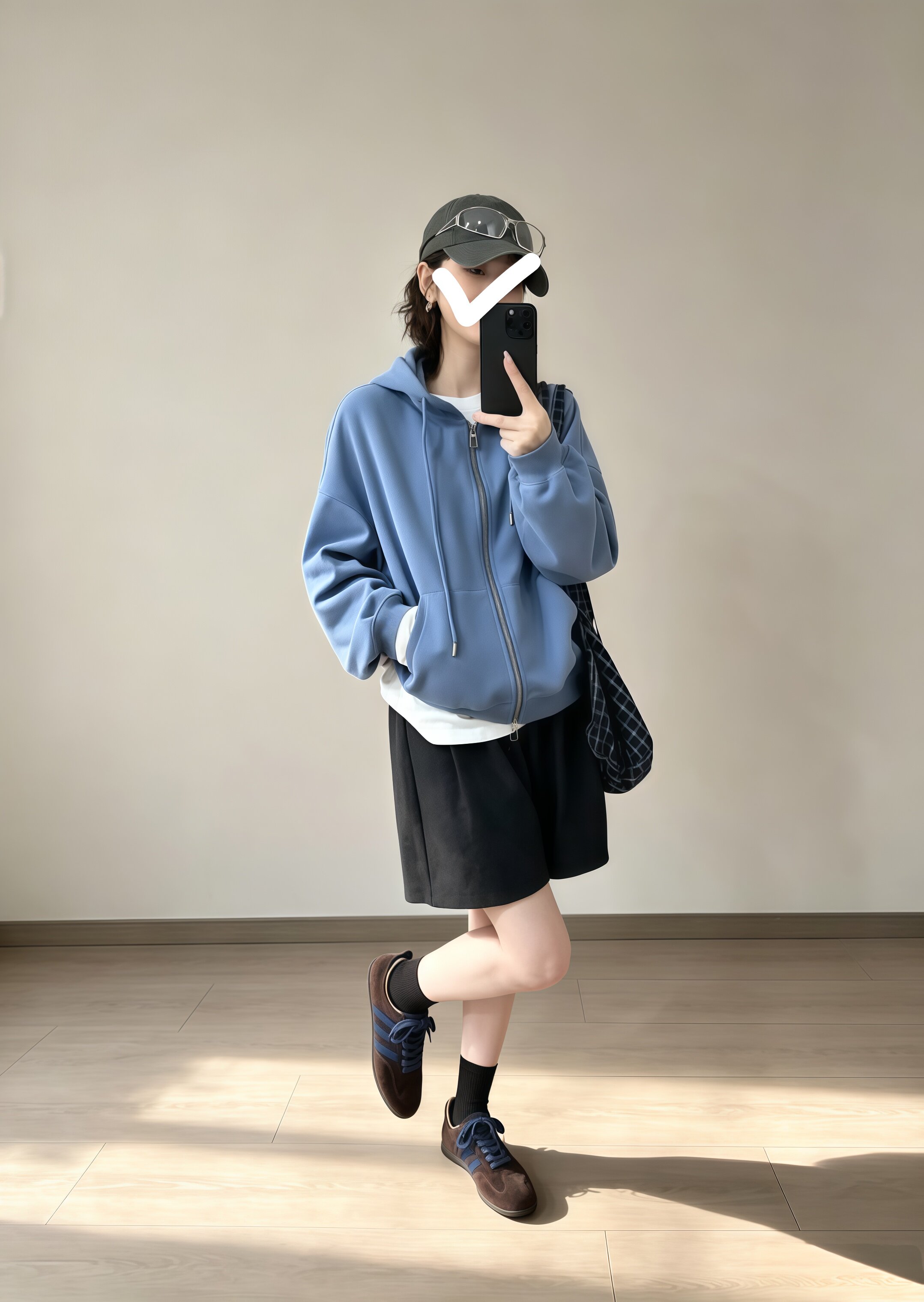 韩版复古蓝色连帽双拉链卫衣女秋季新款宽松保暖开衫外套上衣1711