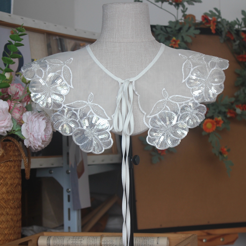 包邮 优质网纱花朵亮片刺绣系带服装衣领装饰小披肩 领口装饰假领