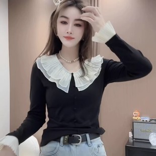 喇叭袖 欧洲站2025冬季 洋气百搭长袖 拼接荷叶领t恤女时尚 上衣 新款
