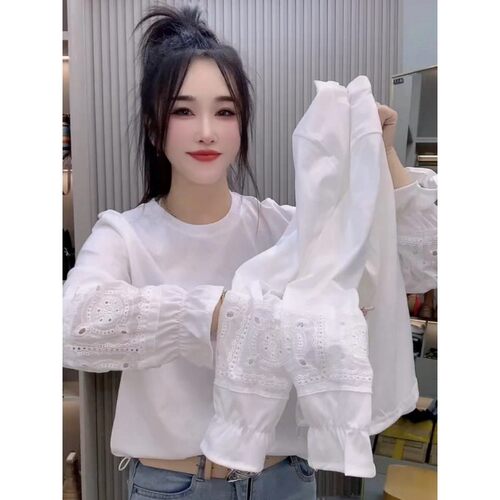 欧货洋气镂空蕾丝钩花袖口T恤女