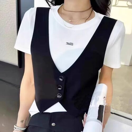 夏季欧洲站圆领假两件短袖T恤女