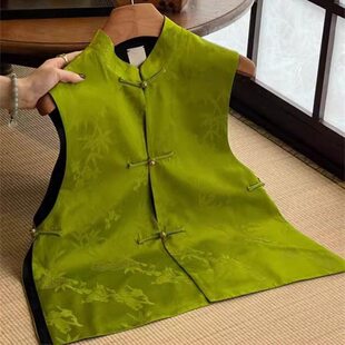 妈妈装 新中式 外穿时尚 薄款 国风高级绿色盘扣提花马甲女马甲春秋季