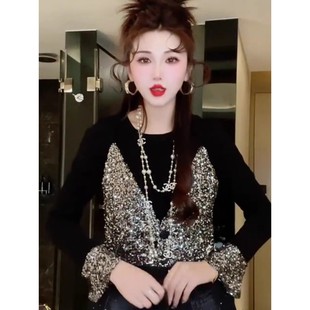 修身 黑色长袖 显瘦百搭上衣 重工亮片拼接假两件T恤女春秋新款 时尚