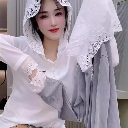 蕾丝钩花T恤连帽衫女秋季上衣