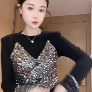 高级感纽扣打底上衣 辣妹风修身 重工亮片假两件长袖 T恤女春秋新款