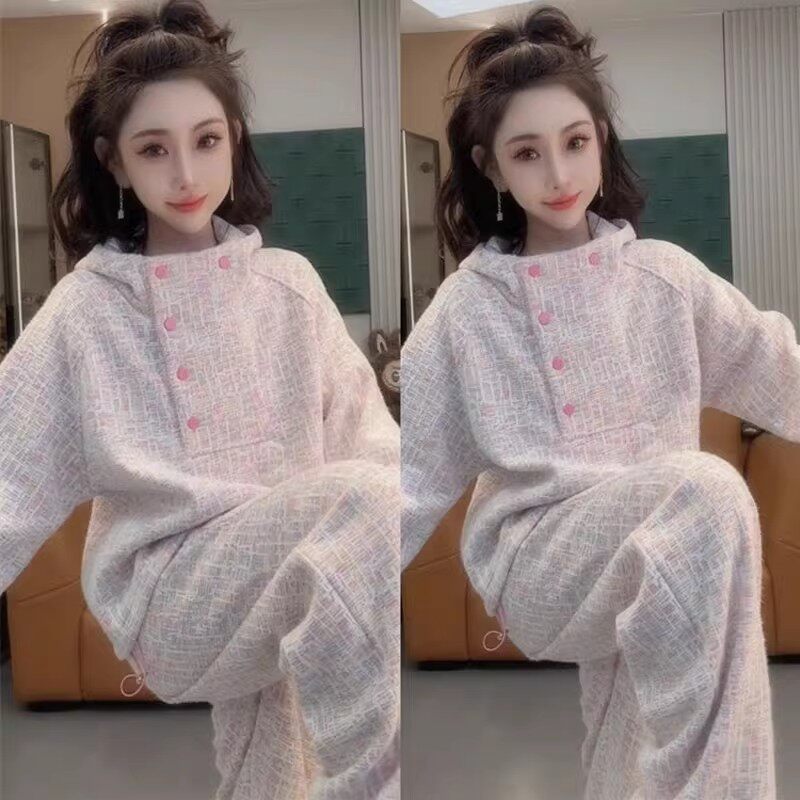 2025秋冬网红新款加绒卫衣套装女减龄粉色编织加厚连帽上衣阔腿裤,女装/女士精品,时尚套装,淘宝优惠券,粉丝福利购,淘宝优惠卷