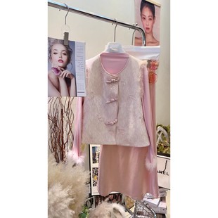 新中式 粉色水貂毛马甲女夹棉洋气减龄显白厚马夹国风蝴蝶结 年轻款
