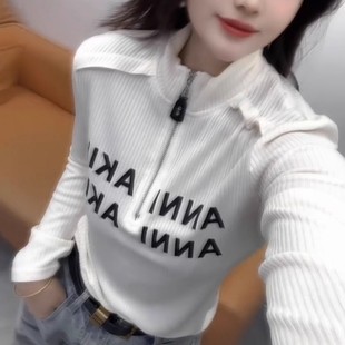 洋气百搭螺纹上衣 新款 甜辣妹字母印花立领半拉链针织衫 女2025秋装